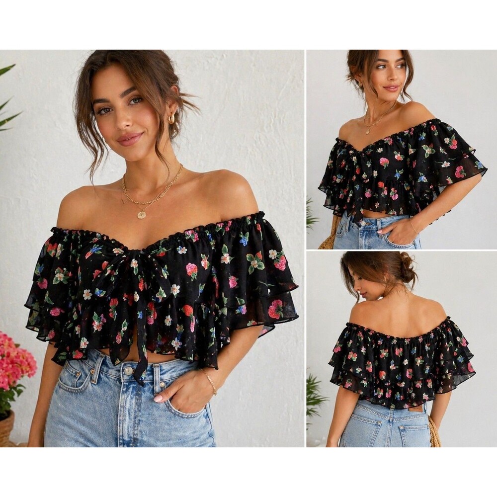 ZARA Women Medium  Floral Strawberry Off Shoulder Ruffle Baby Doll Fairy Top NWT